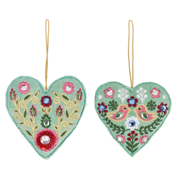 Ornament Heart Velvet with Birds /Flowers