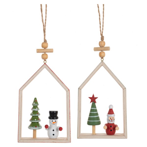 Wooden Santa/Snowman in &quot;House Frame&quot; - Ornament