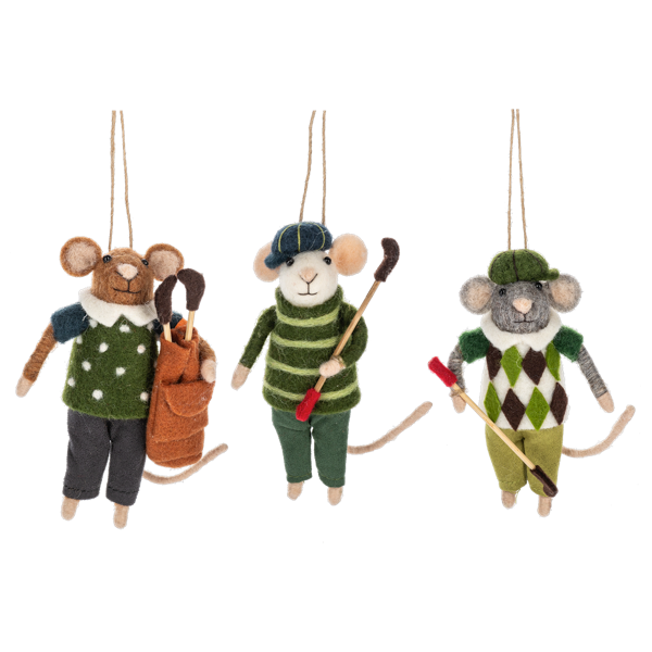 Ornament. Wool Mouse with golf Clubs
