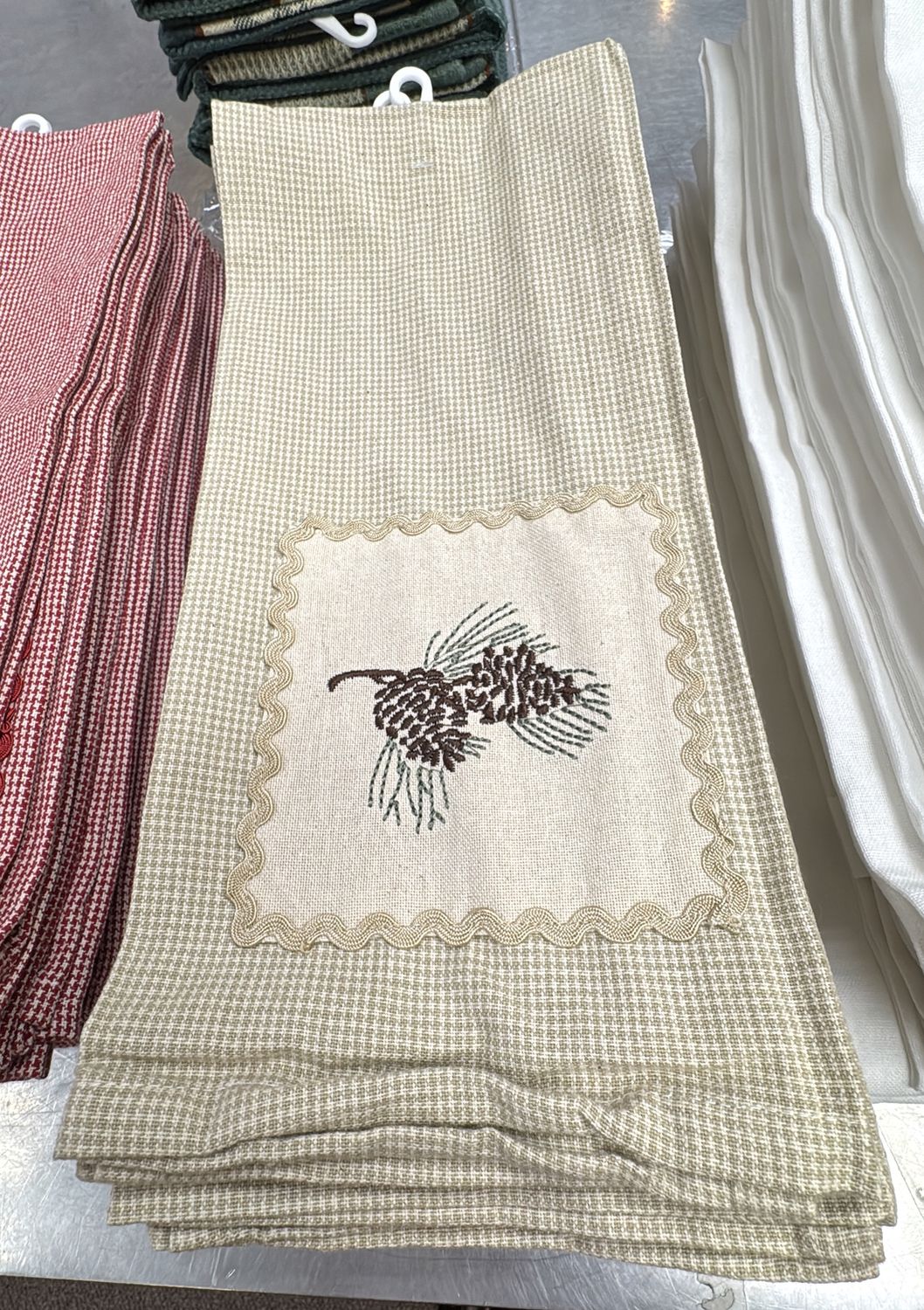 Dishtowel - Hound&#39;s-tooth, Embroidered Pinecone