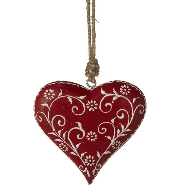 Wood Heart Red with White Floral Ornament