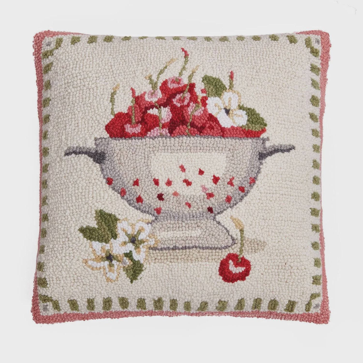 Sweet Cherries in a Colander - Hooked Pillow