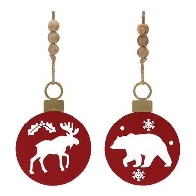 Ornament Bear and Moose Cut-Out Red Metal