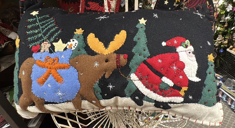 Santa with Moose Friend - Felt Applique Pillow