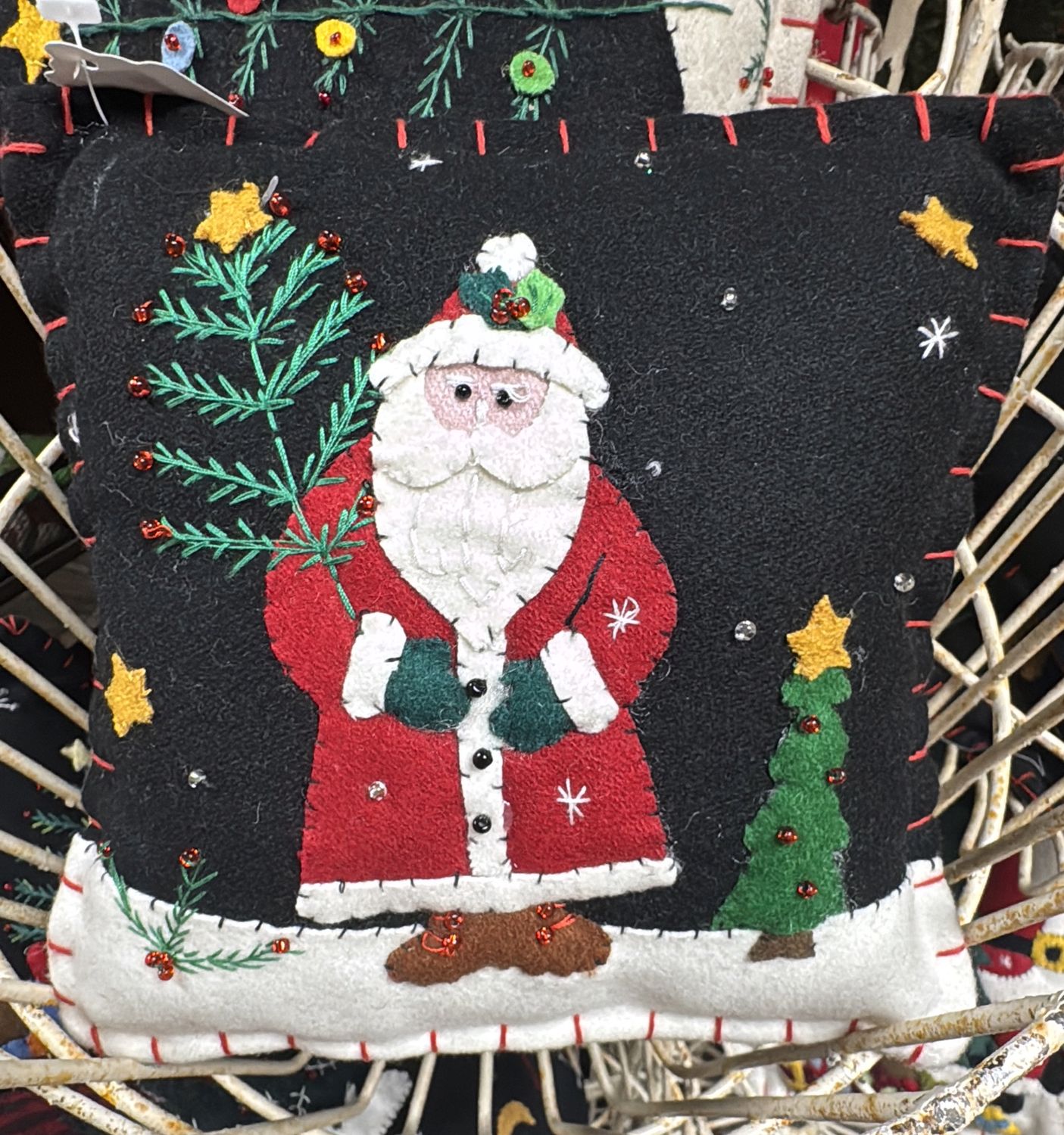 Santa with Christmas Tree - Handmade Felt Applique Pillow