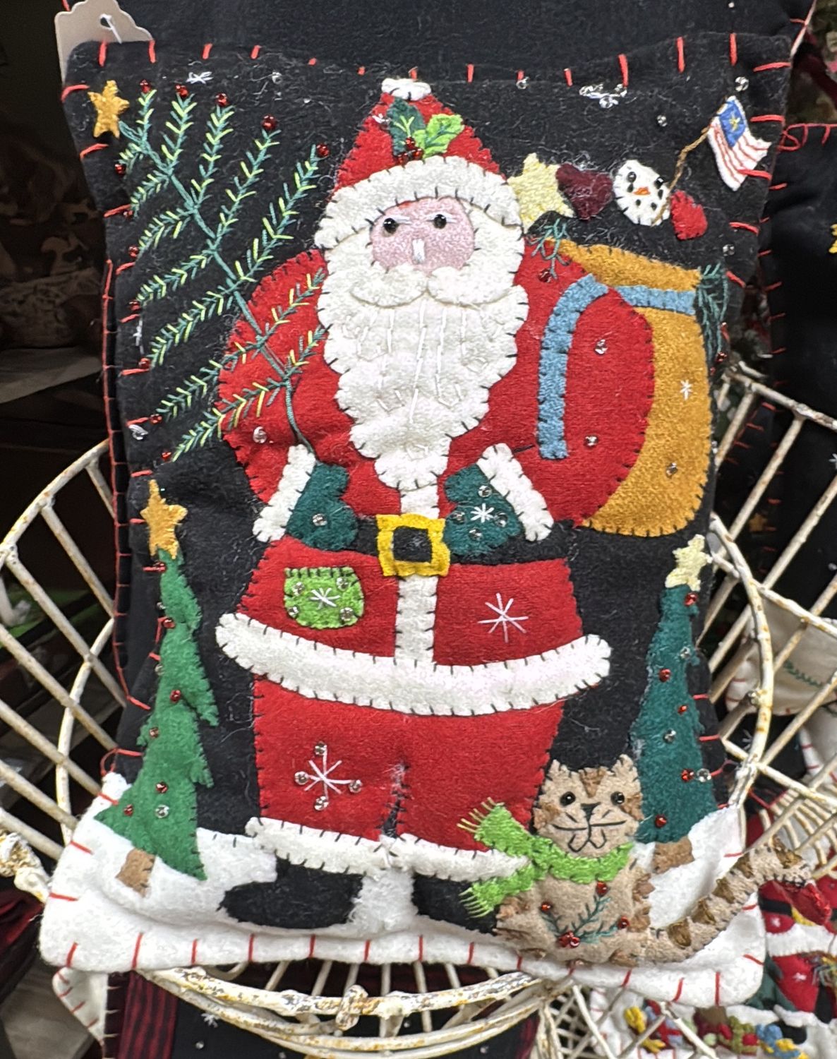 Christmas Pillow Wool Applique - Santa