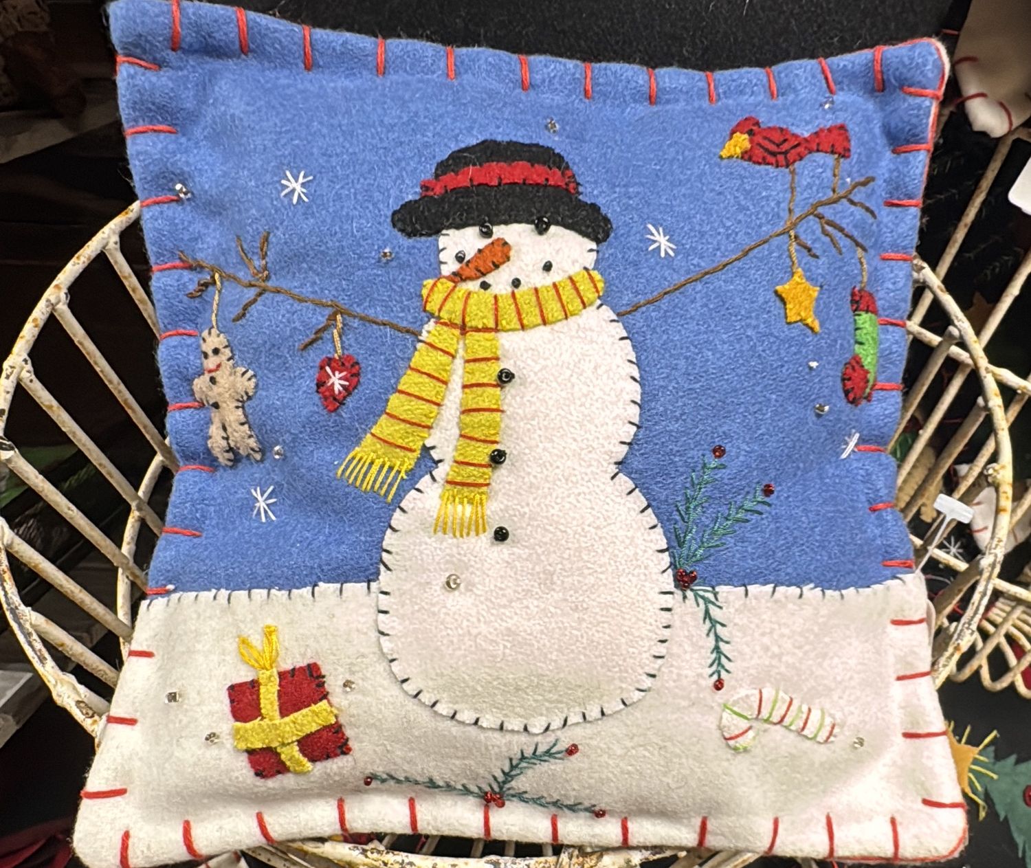 Snowman Applique Pillow - Blue
