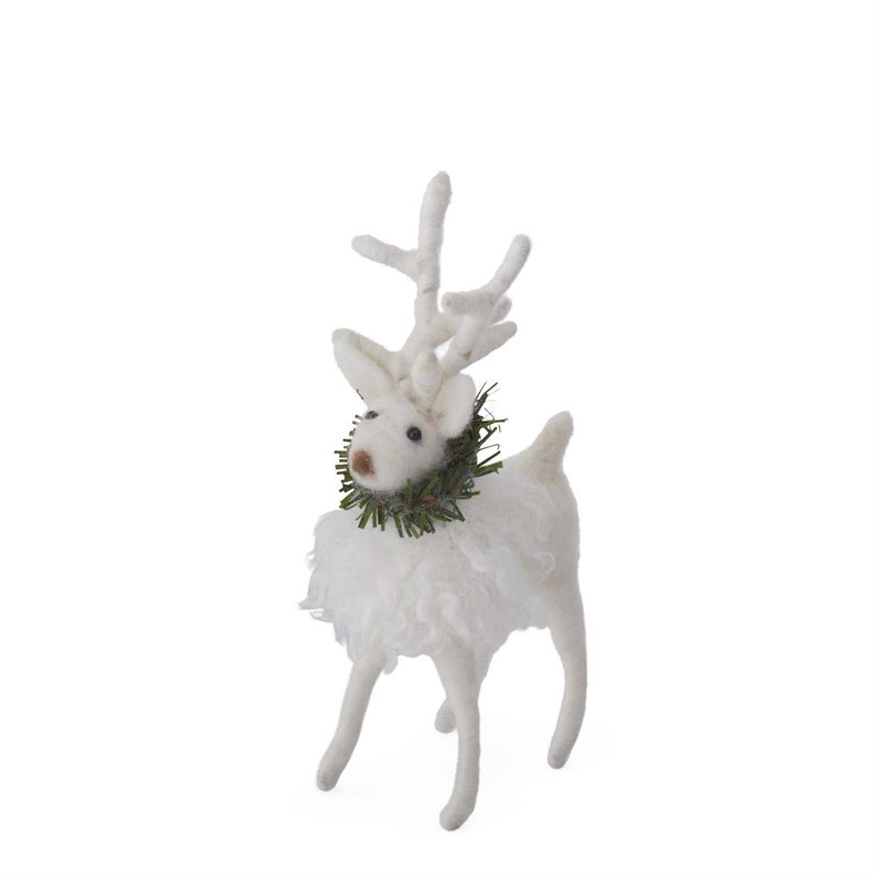 Ornament White Wool Deer w/ Pine Wreath
