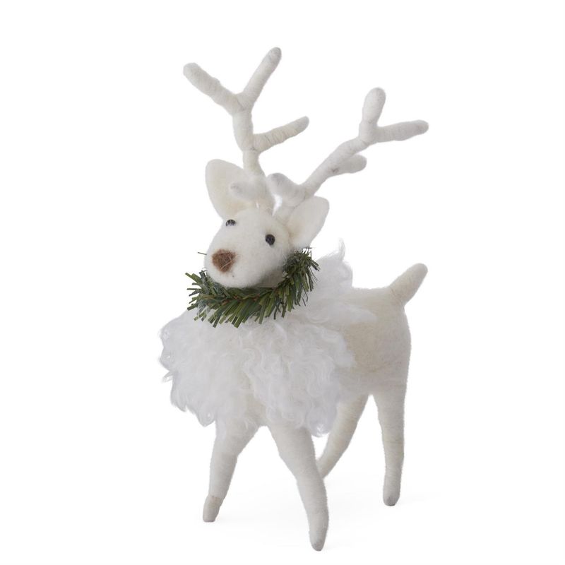 Ornament White Wool Deer w/Pine Wreath