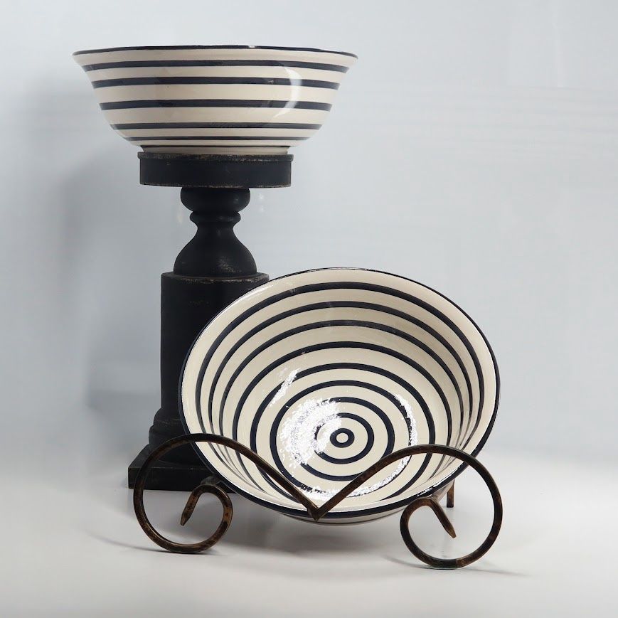 Spanish Style Hand Painted Medium Bowl - Black &amp; White Stripe