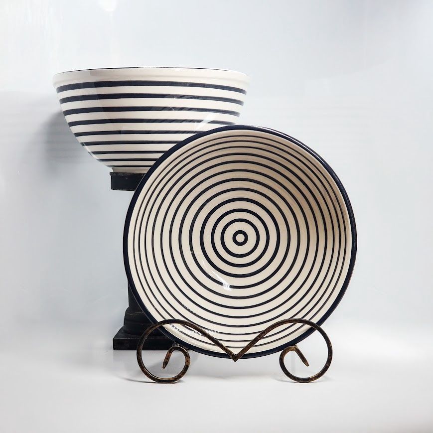 Spanish Style Hand-Painted Large Bowl - Black &amp; White Stripe