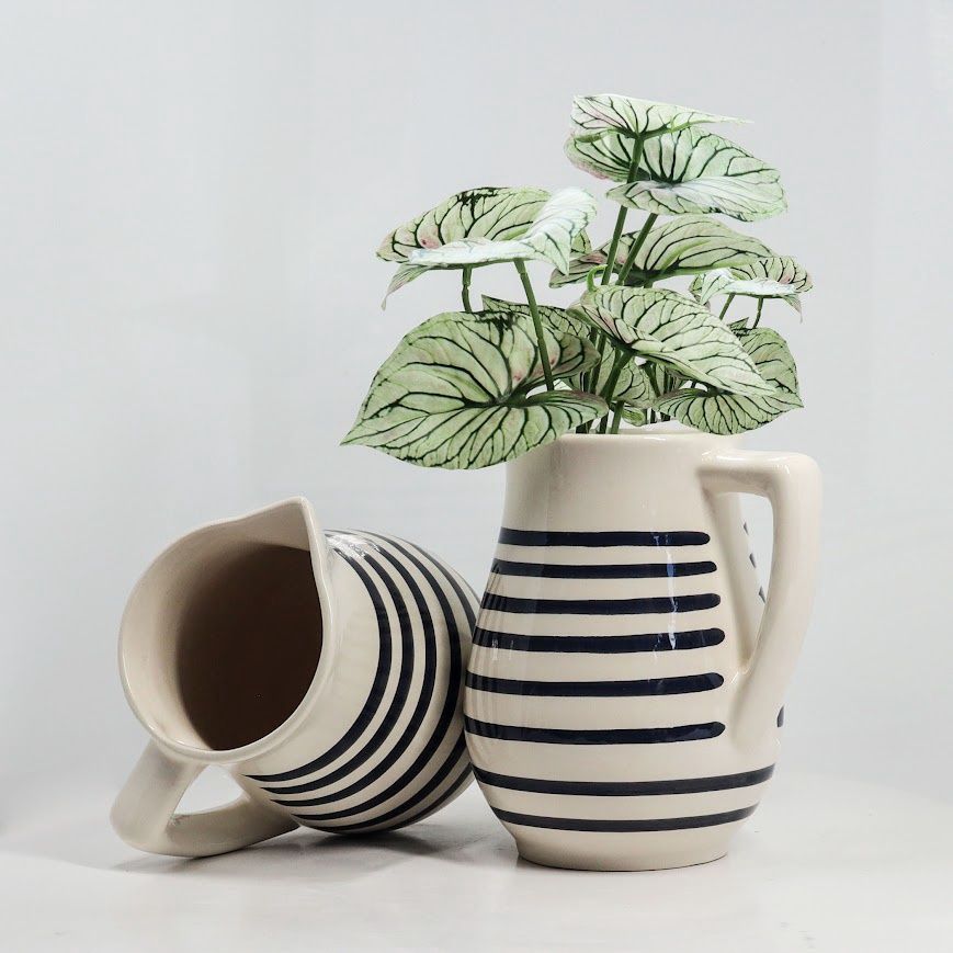 Spanish Style Hand-Painted Small Pitcher - Black &amp; White Stripe