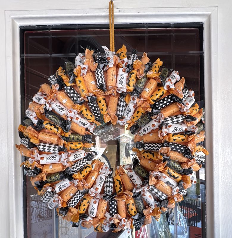 Paper Wrapped Candy Wreath - Halloween Decor