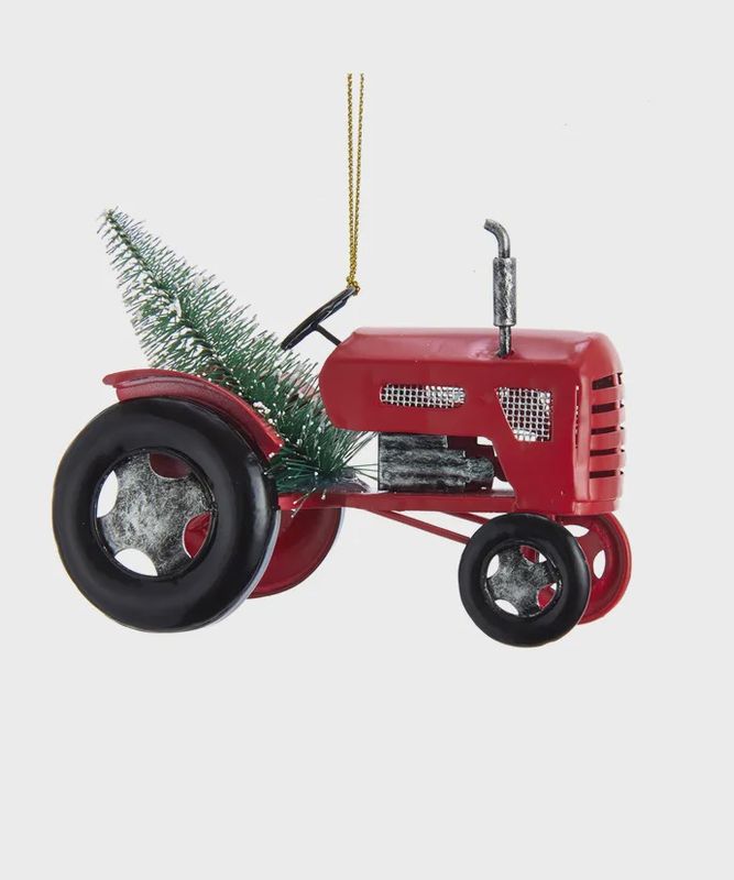 Ornament Metal Red Tractor w Tree