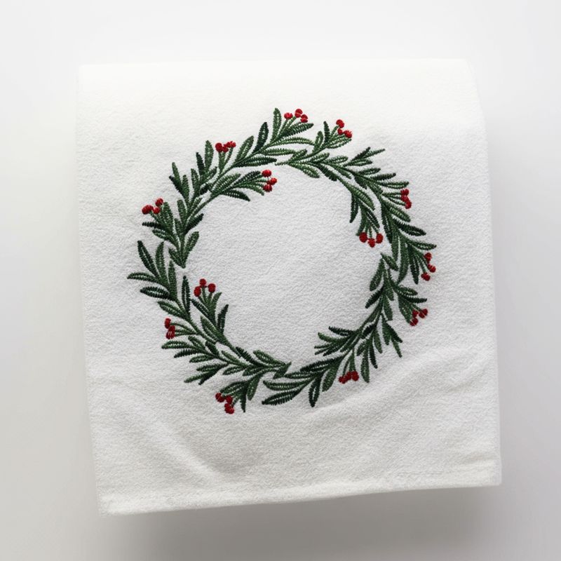 Embroidered Holly Wreath - Dishtowel