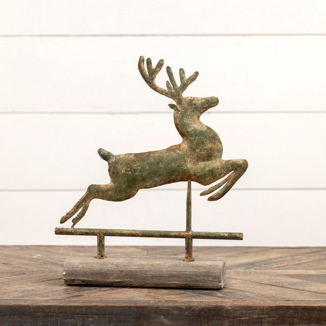 Leaping Deer Green Ditressed on Faux Wood base