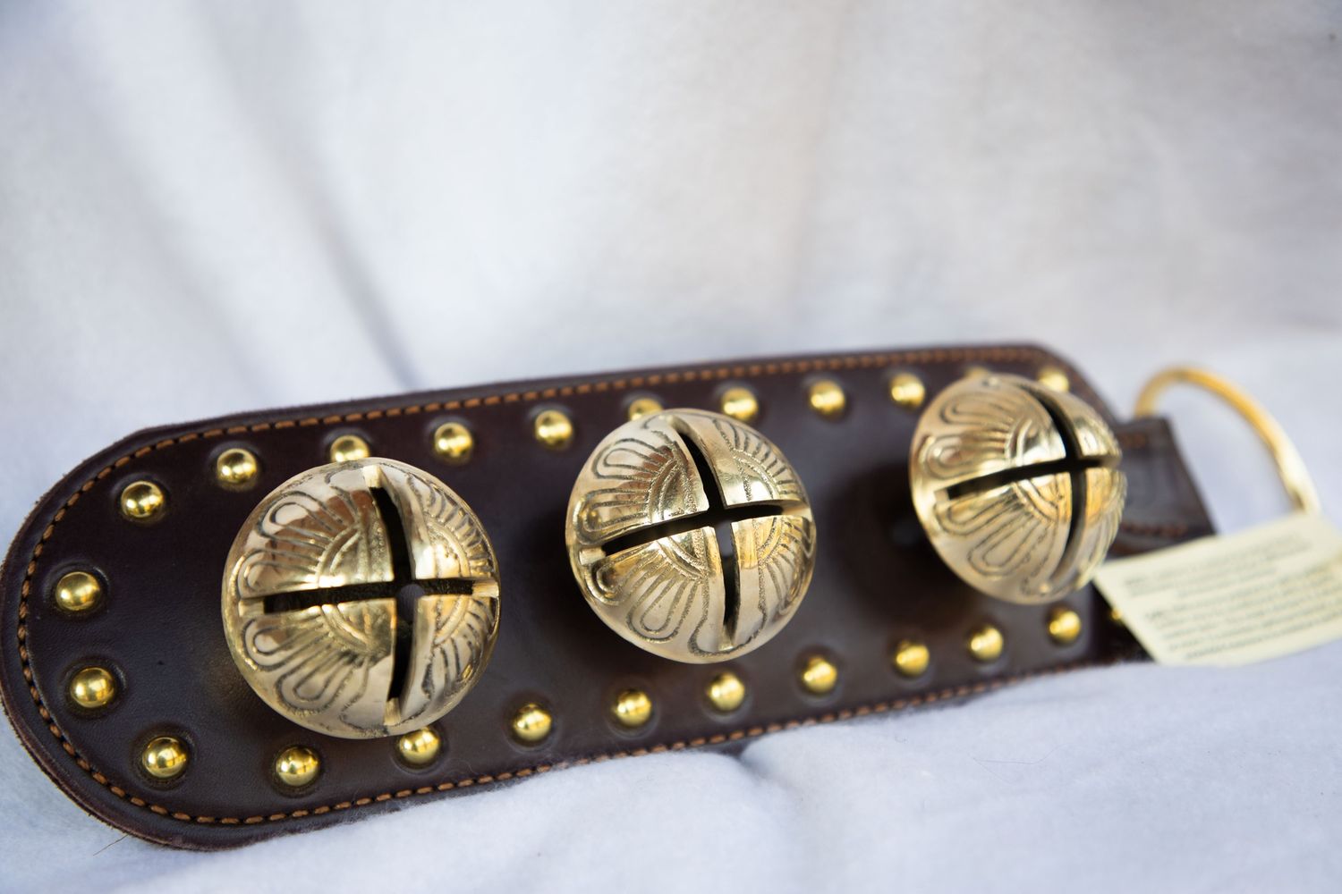 3 Solid Brass Sleigh Bells on Leather Strap