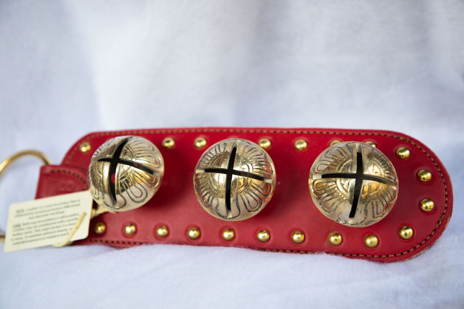 3 Solid Brass Sleigh Bells on Red Leather Strap