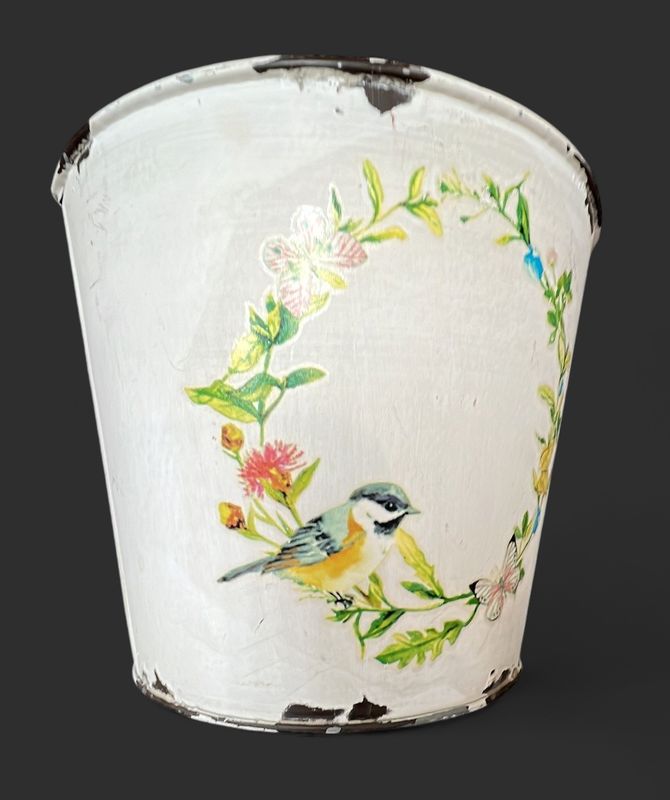Hand Painted Bird Bucket - Distressed