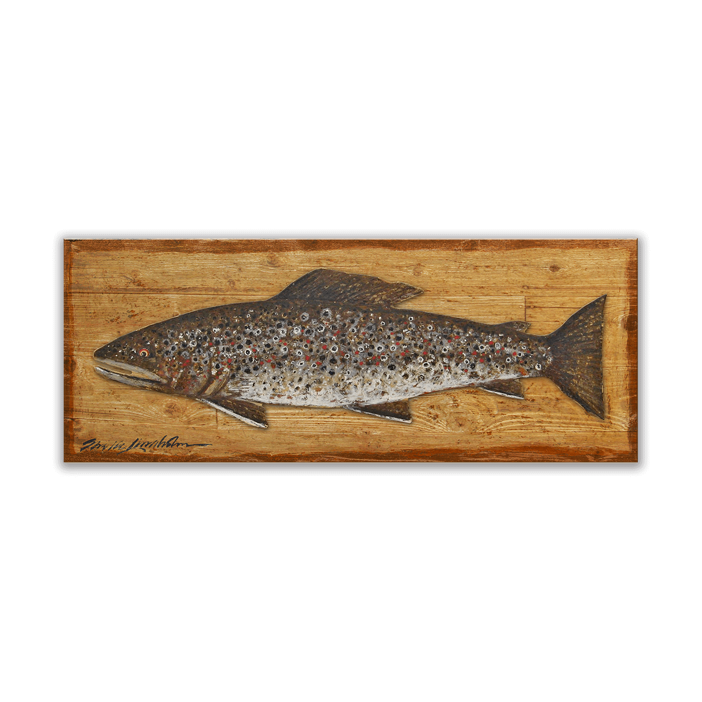 Metal Brown Trout on Wood Back - Shelle Lindholm Art
