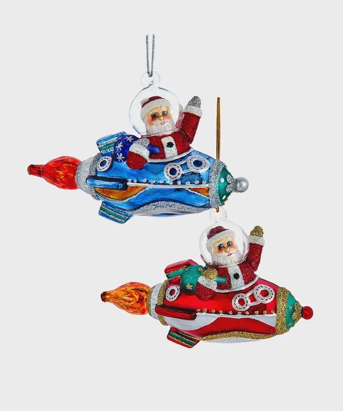 Glass Santa in Rocket Ship Ornament