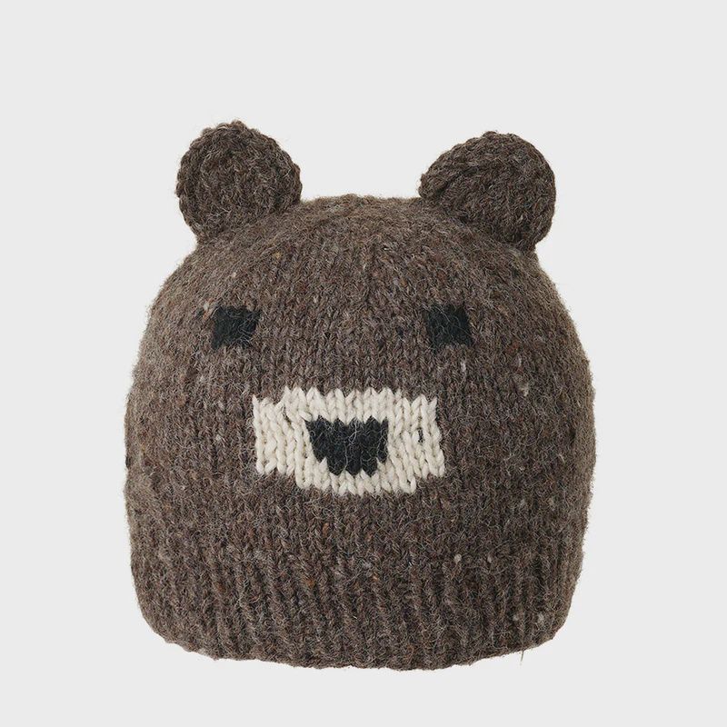 Children's Knitted Bear Hat - Heather Brown