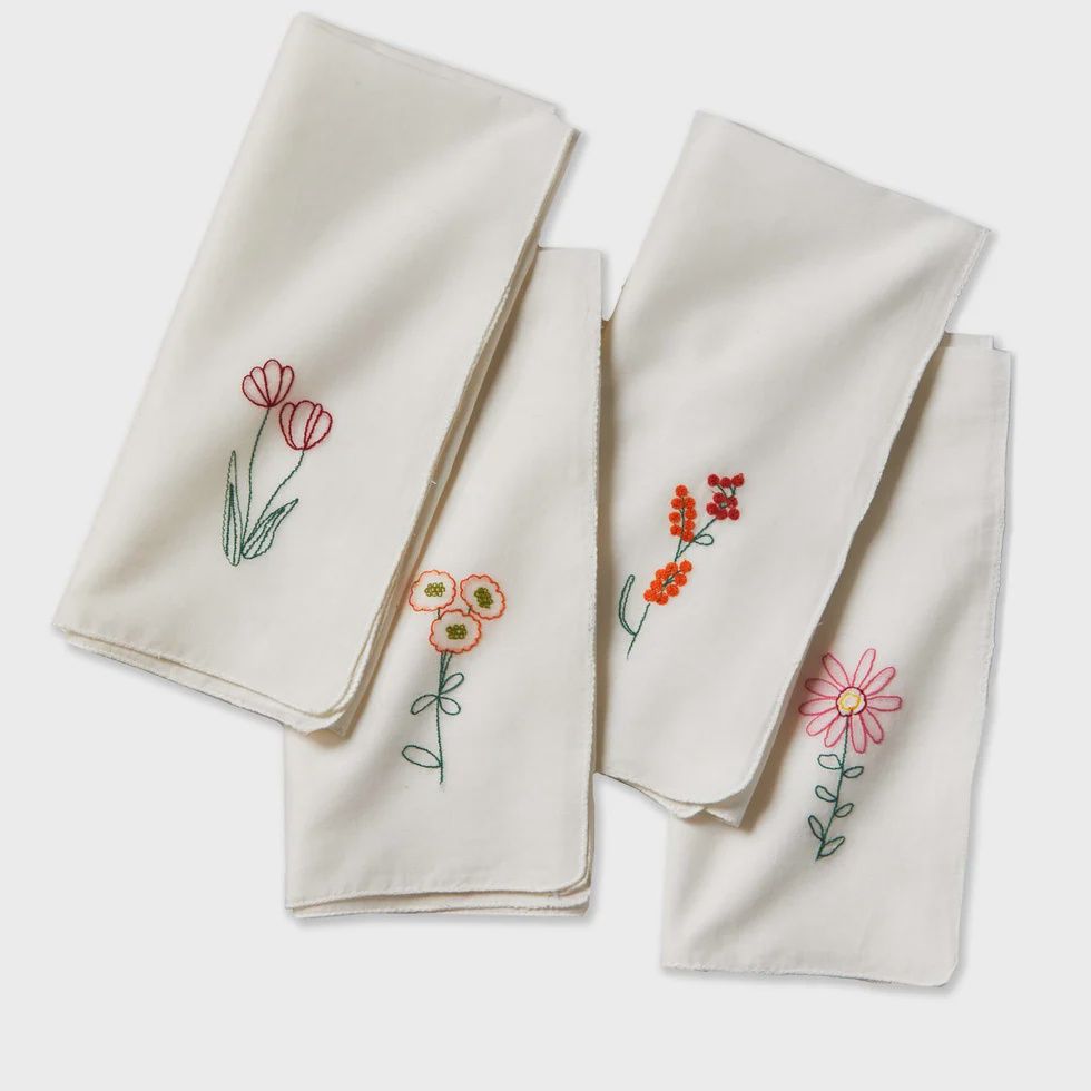 Set of 4 Embroidered Flower Cotton Napkins