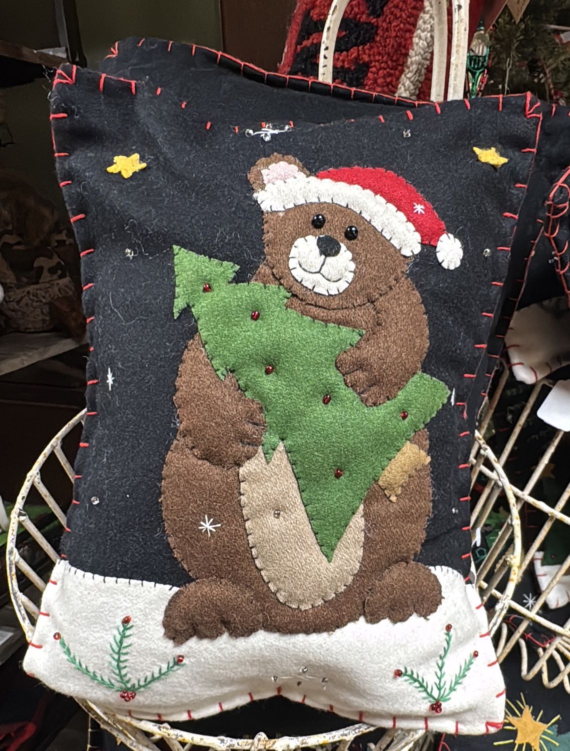 Wool Pillow with a Bear Holding a Christmas Tree