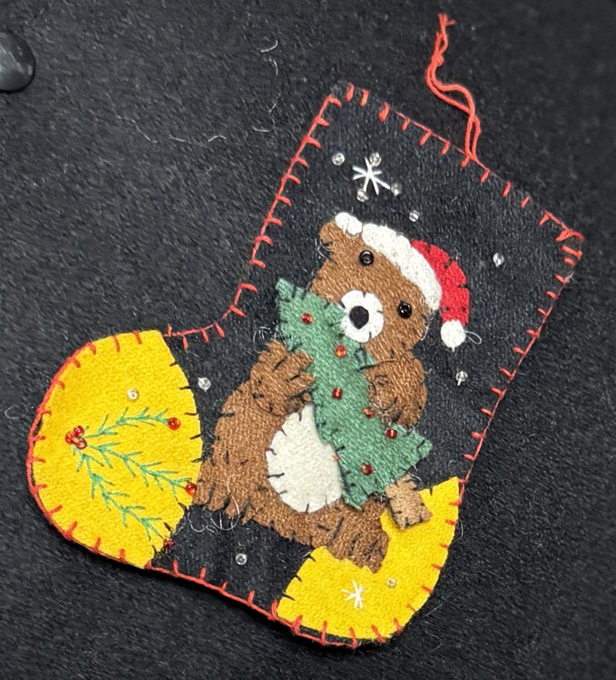 Small Black Stocking w/ Bear and Christmas Tree