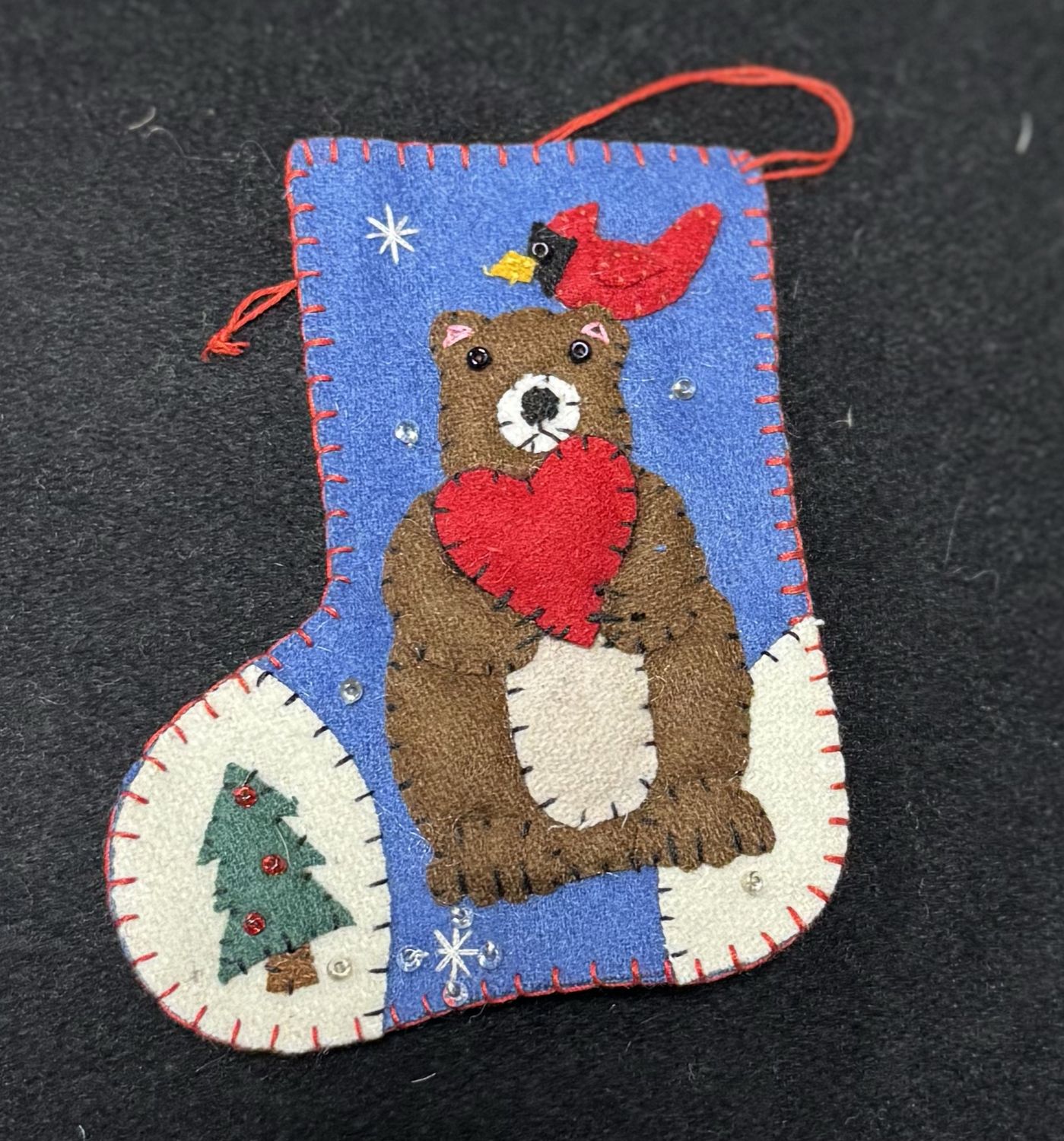 Small Blue Stocking w/Bear, Bird and Heart