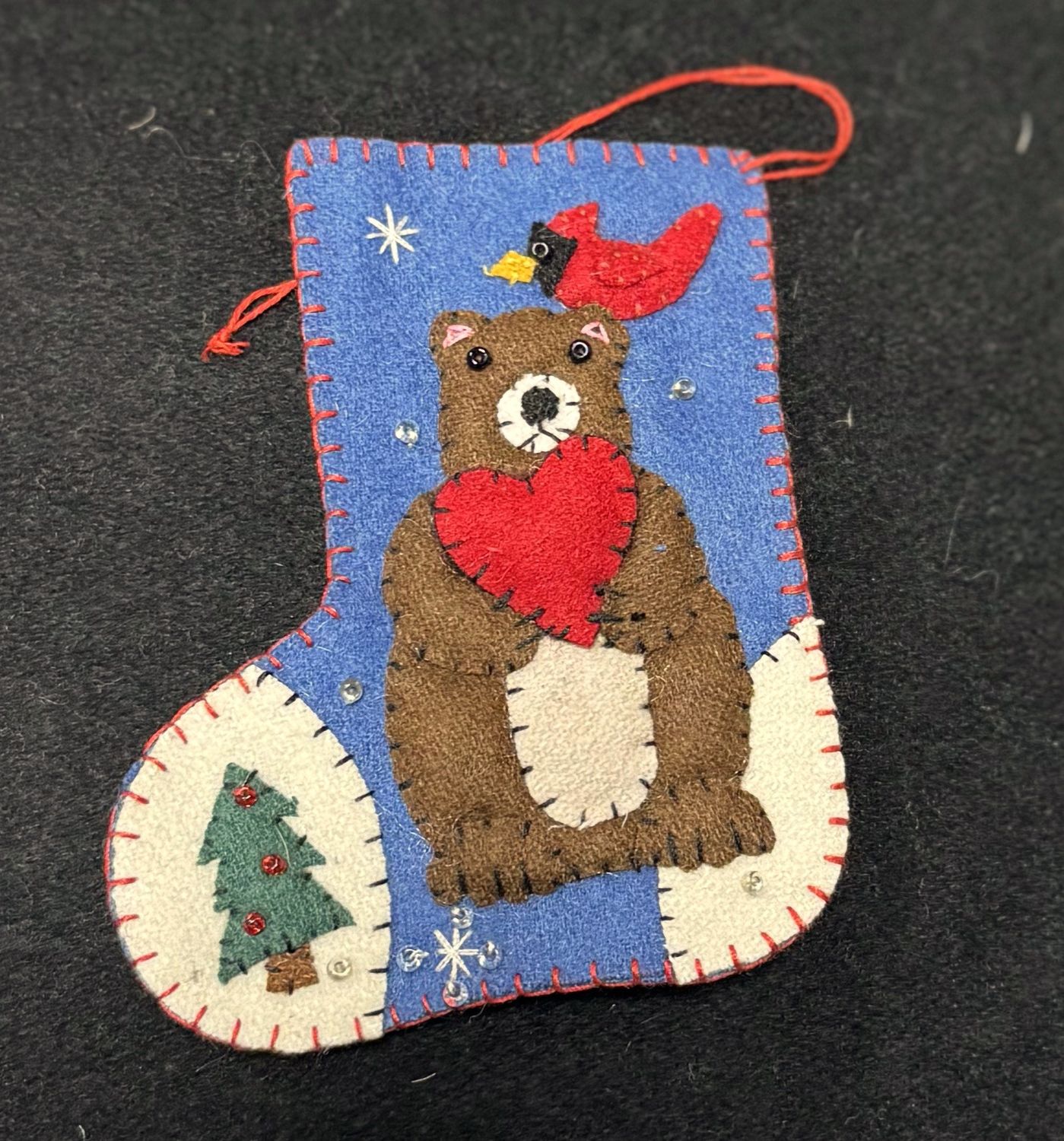 Tiny Wool Stocking  - Felt Applique Bear/Cardinal