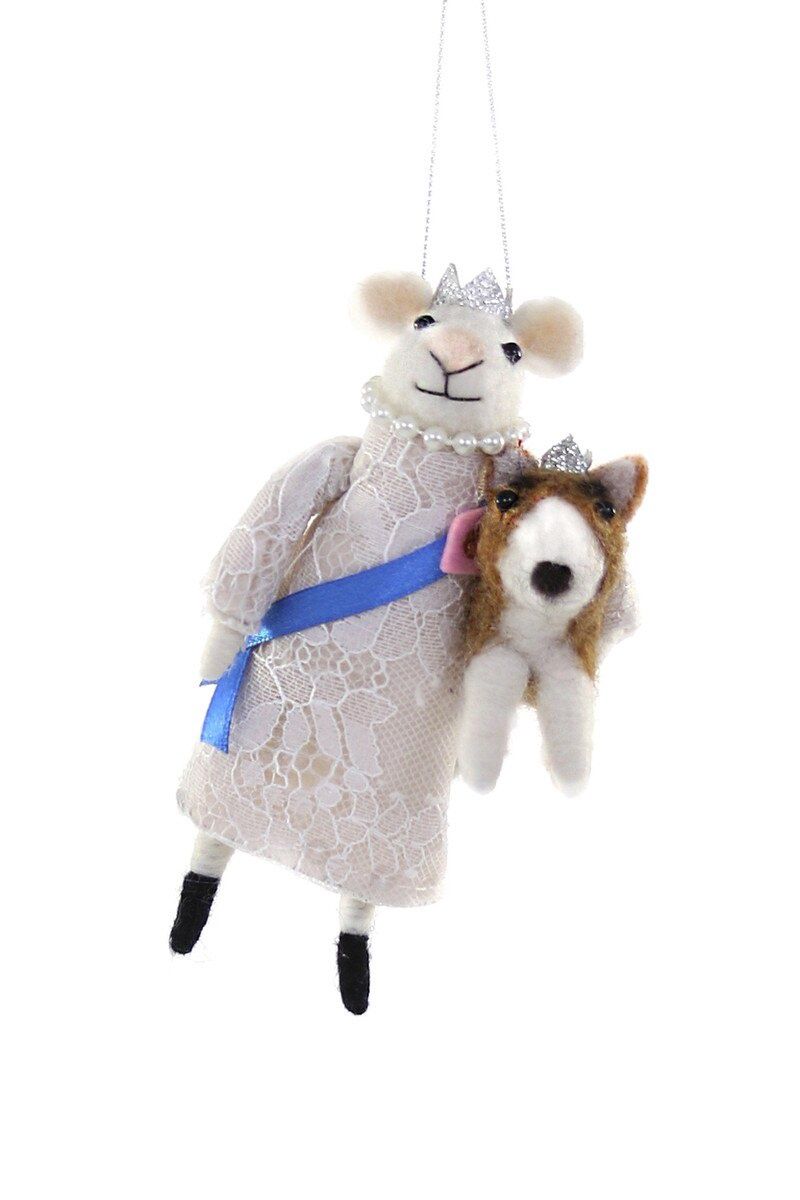 The Queen with her Corgi - White Mouse Ornament