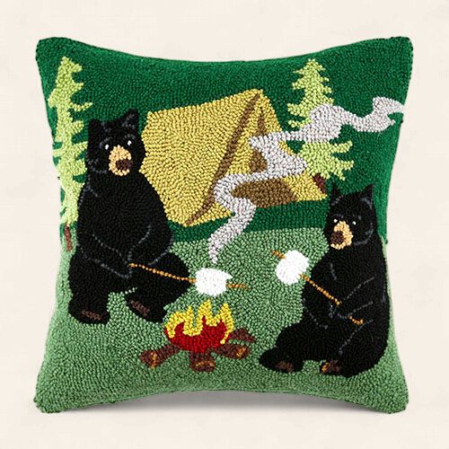 Wool Hooked Pillow - Campfire Bears