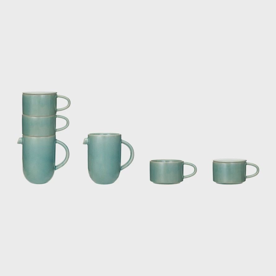 Stoneware Turquoise  Coffee Pot w/ Two Mugs