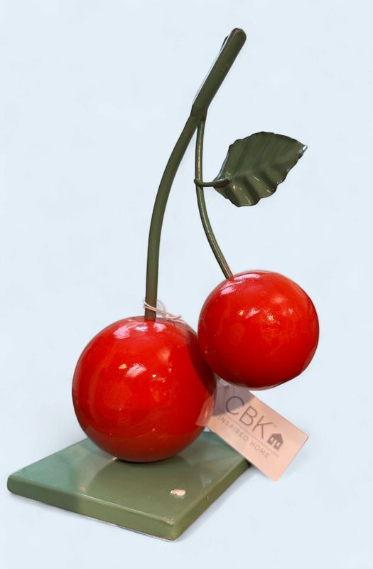 Two Cherries on a Green Metal Stand - Sculpture