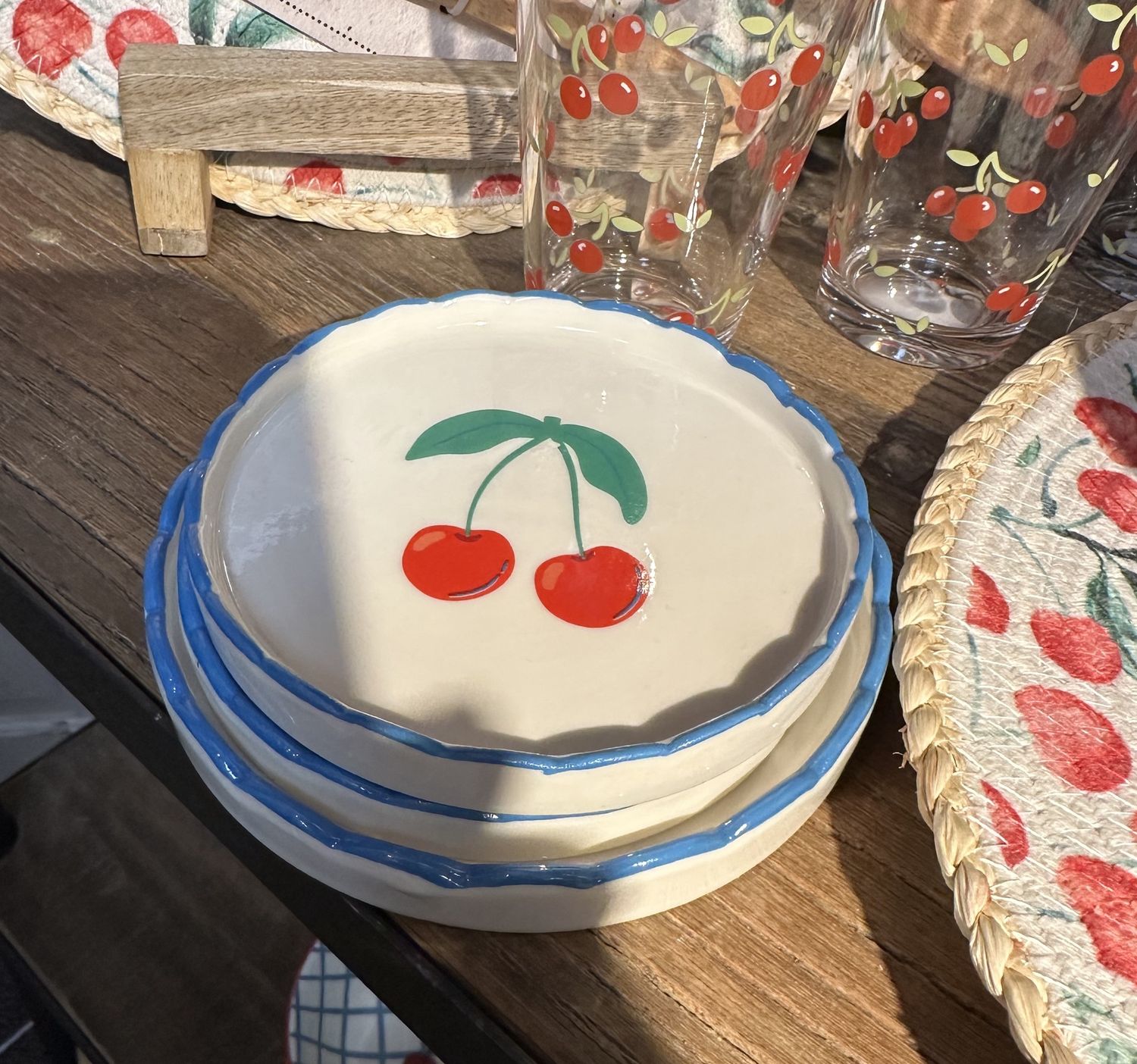 Scalloped Blue Edge Cherry Appetizer Plate