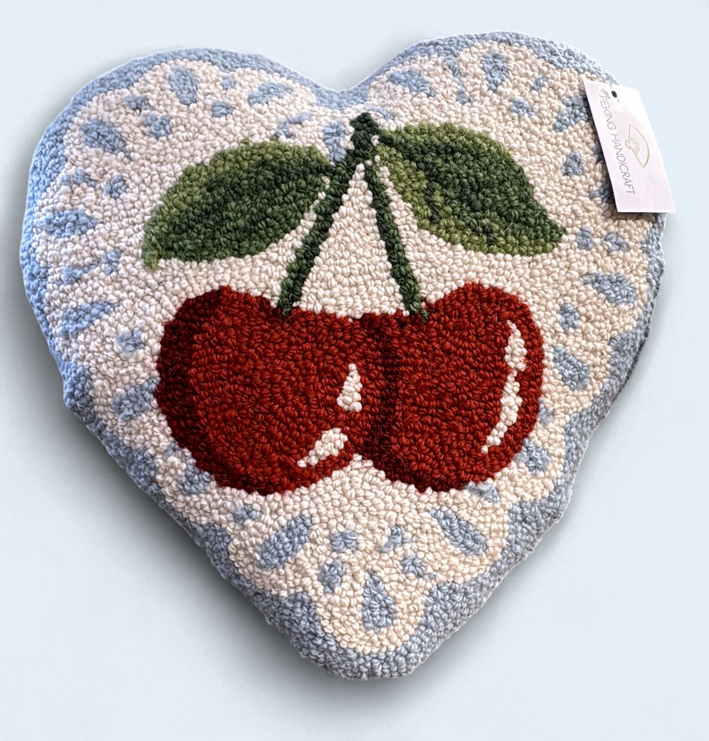 Hooked Wool Pillow - Cherry Heart Shaped