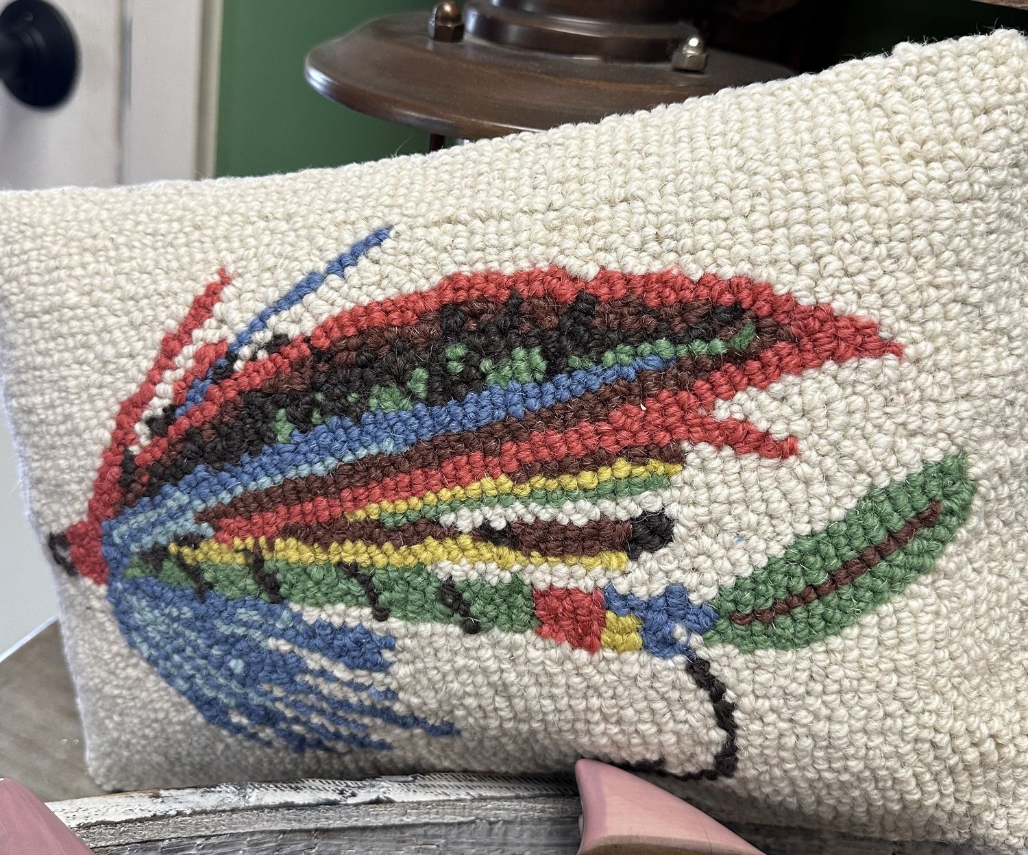 Wool Hooked Pillow - Fishing Fly