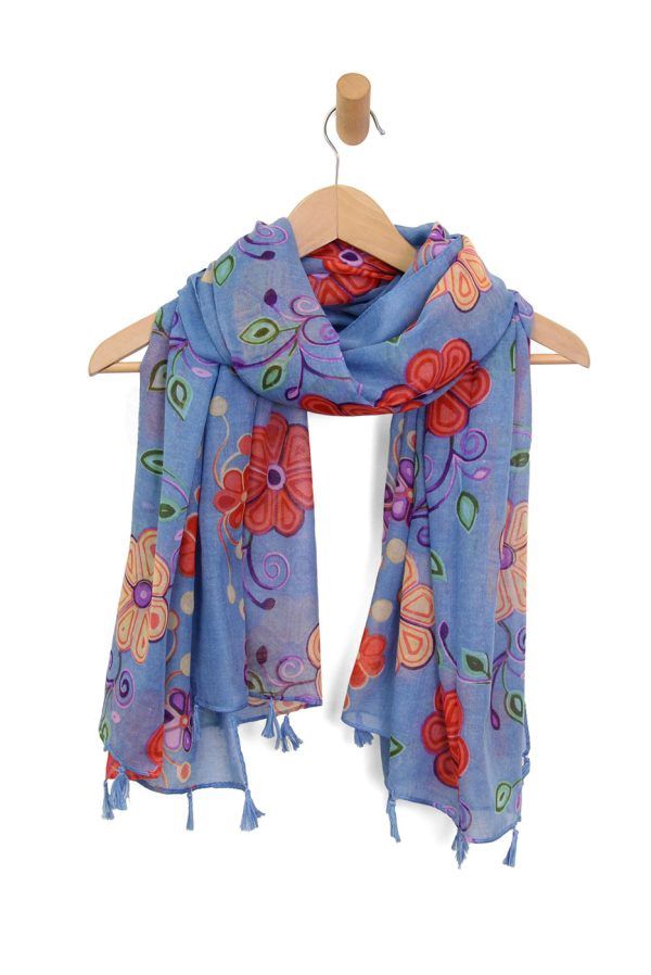 Blue Scandi Floral Tassel Scarf