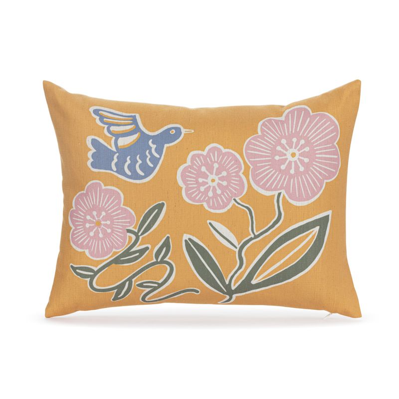 Yellow Floral and Blue Bird Accent Pillow