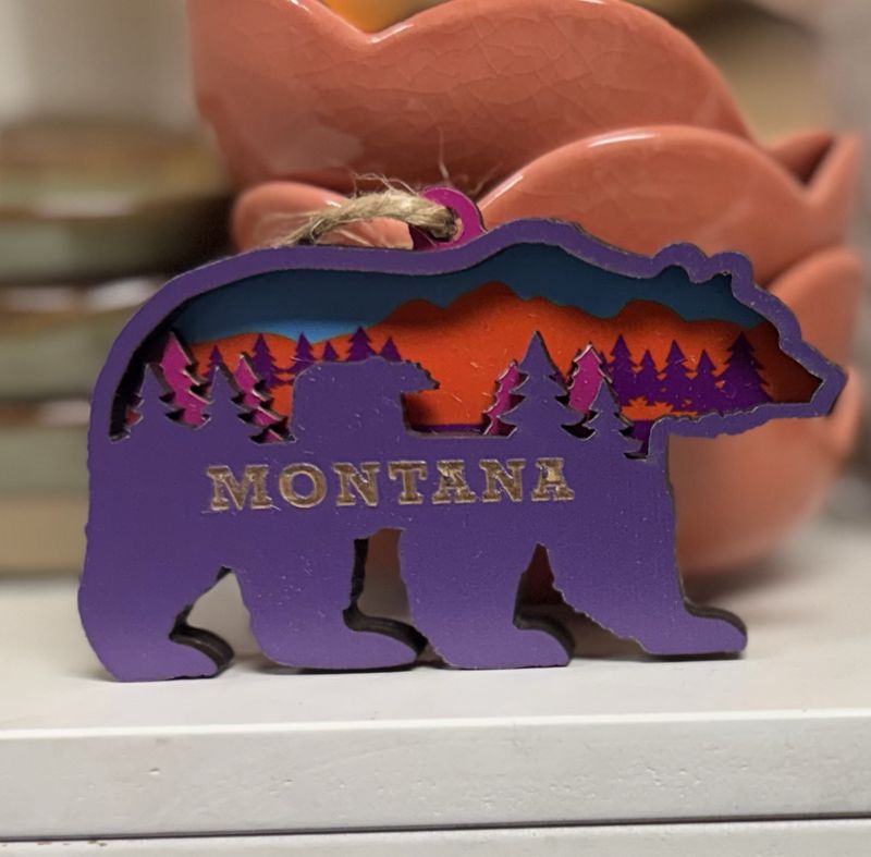 Montana Bear Ornament- Layered Trees and Mountains