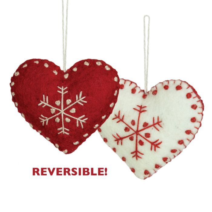 Reversable Snowflake Heart Wool Ornament