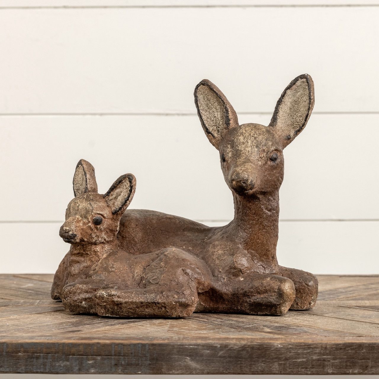 Sitting Doe and Fawn Resin Statue