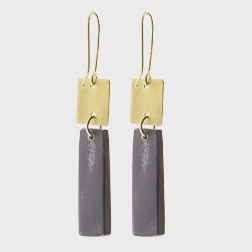 Rectangle Dark Horn and Brass Square Earrings