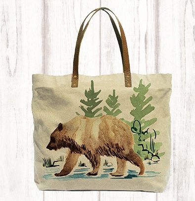 Brown Bear Canvas Tote with Leather Strap