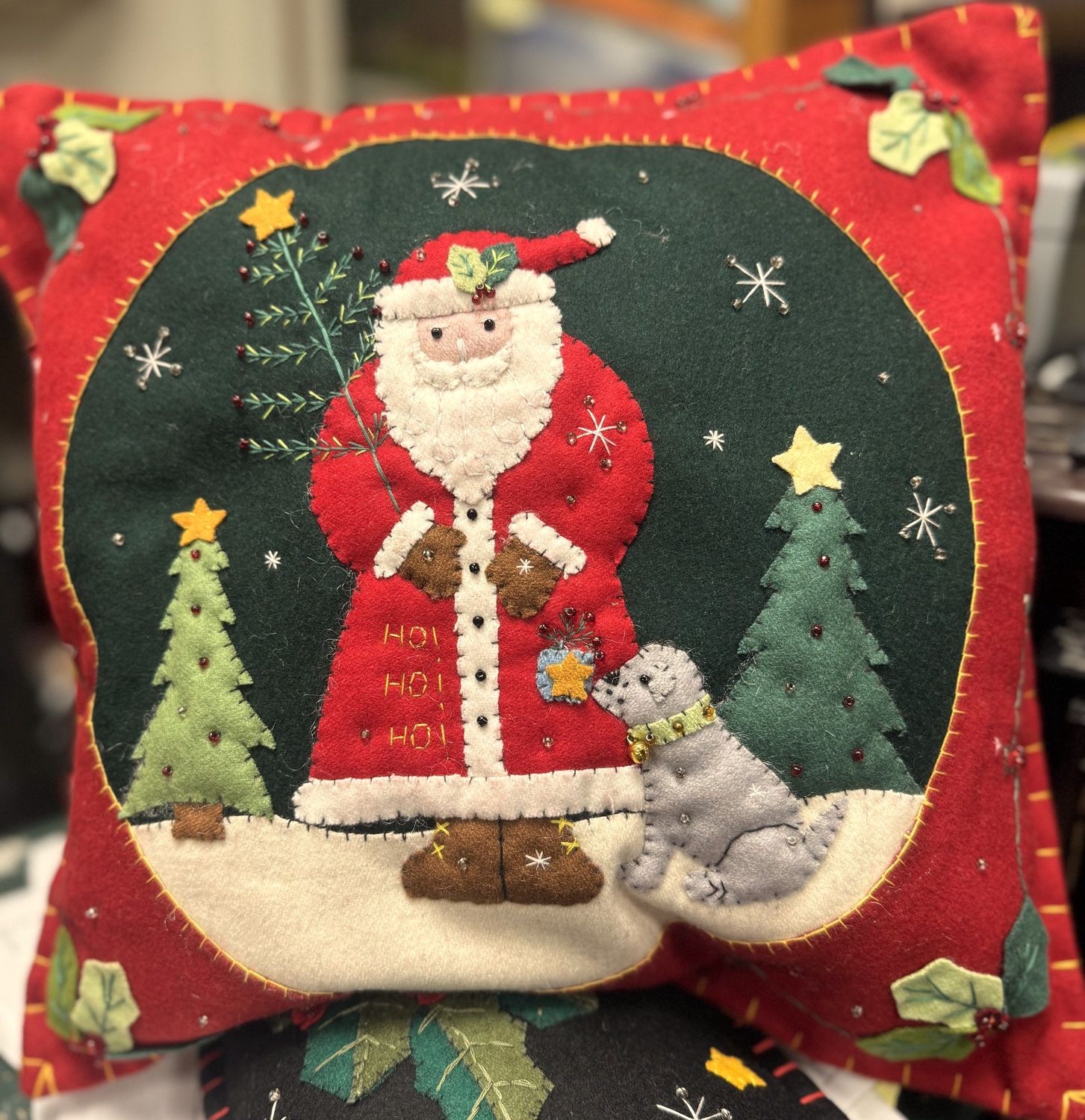Santa and his Dog - Felt Applique Handmade Pillow