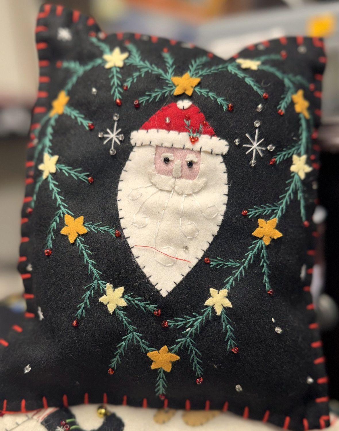 Felt Applique Heart Wreath/ Santa -  Handmade Pillow