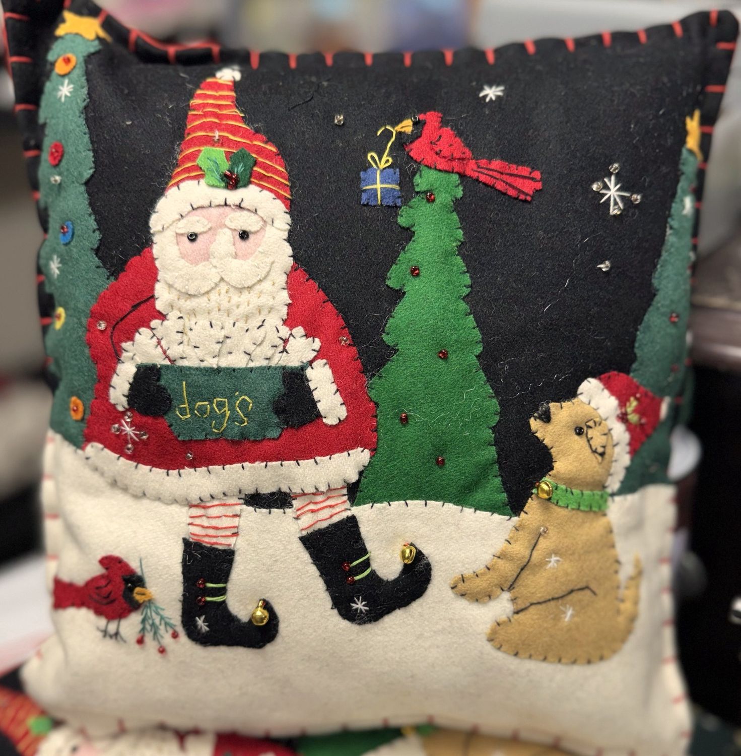 Felt Applique Wool Pillow - Santa &amp; Golden Retriever