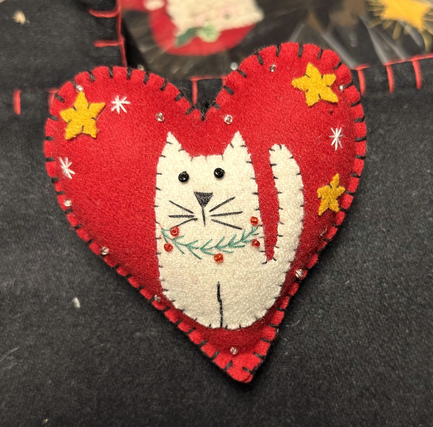 Heart Shaped Felt Ornament - Cat Applique