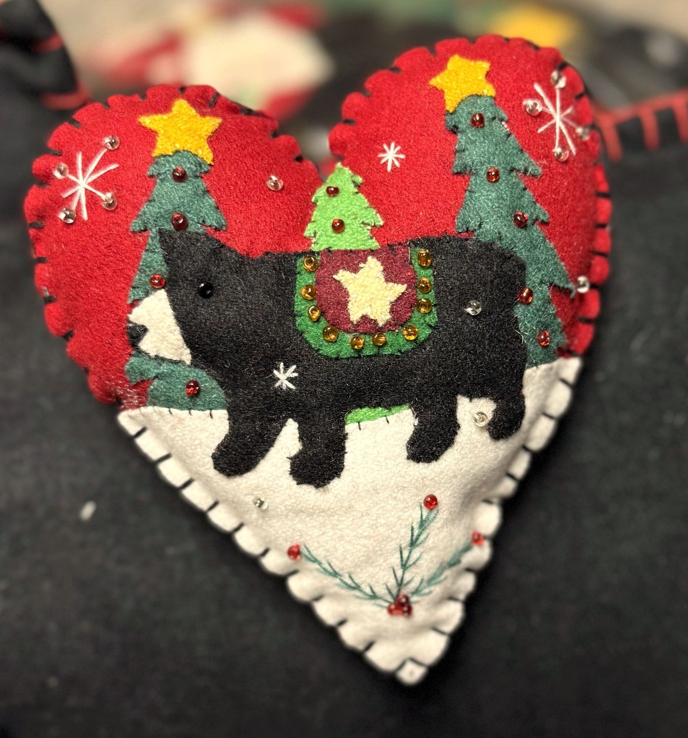 Heart Shaped Felt Ornament - Black Bear Applique